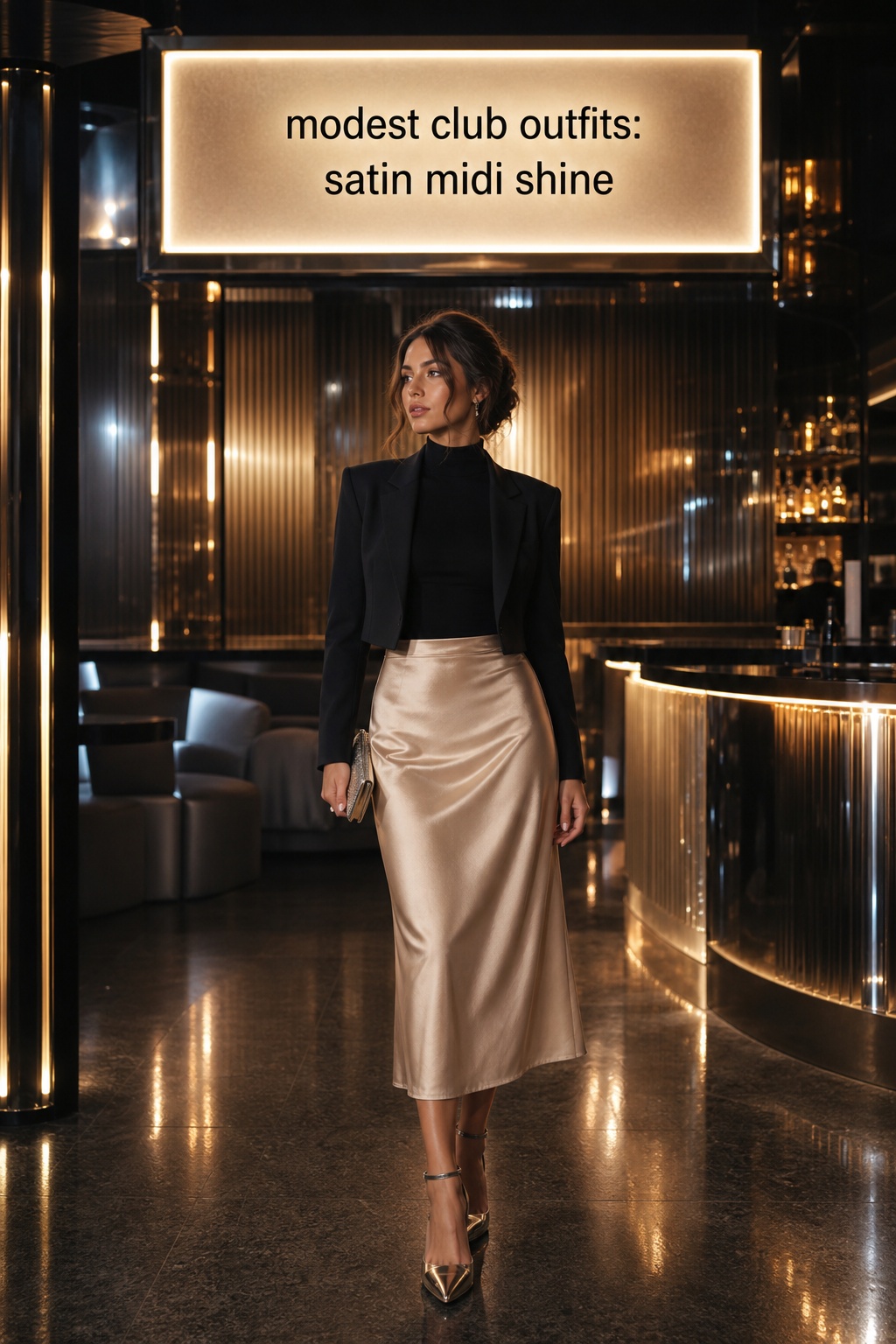 Modest Club Outfits Satin Midi modest club outfits with a satin midi skirt and fitted high-neck top