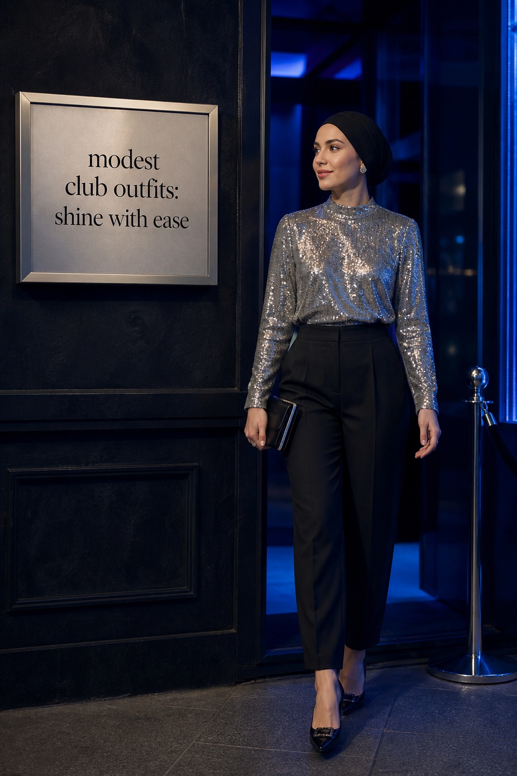 Modest Club Outfits Silver Shine modest club outfits with tailored trousers and a silver sequin blouse