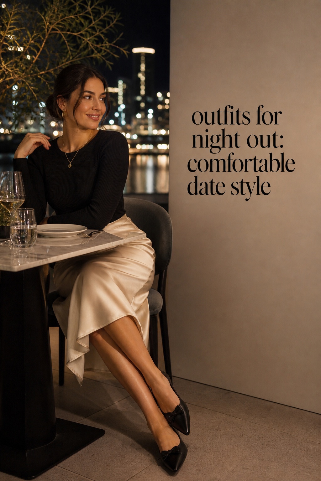 outfits for night out with a knit top and satin skirt