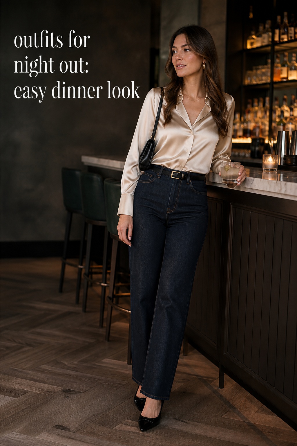 outfits for night out with a satin blouse and dark jeans
