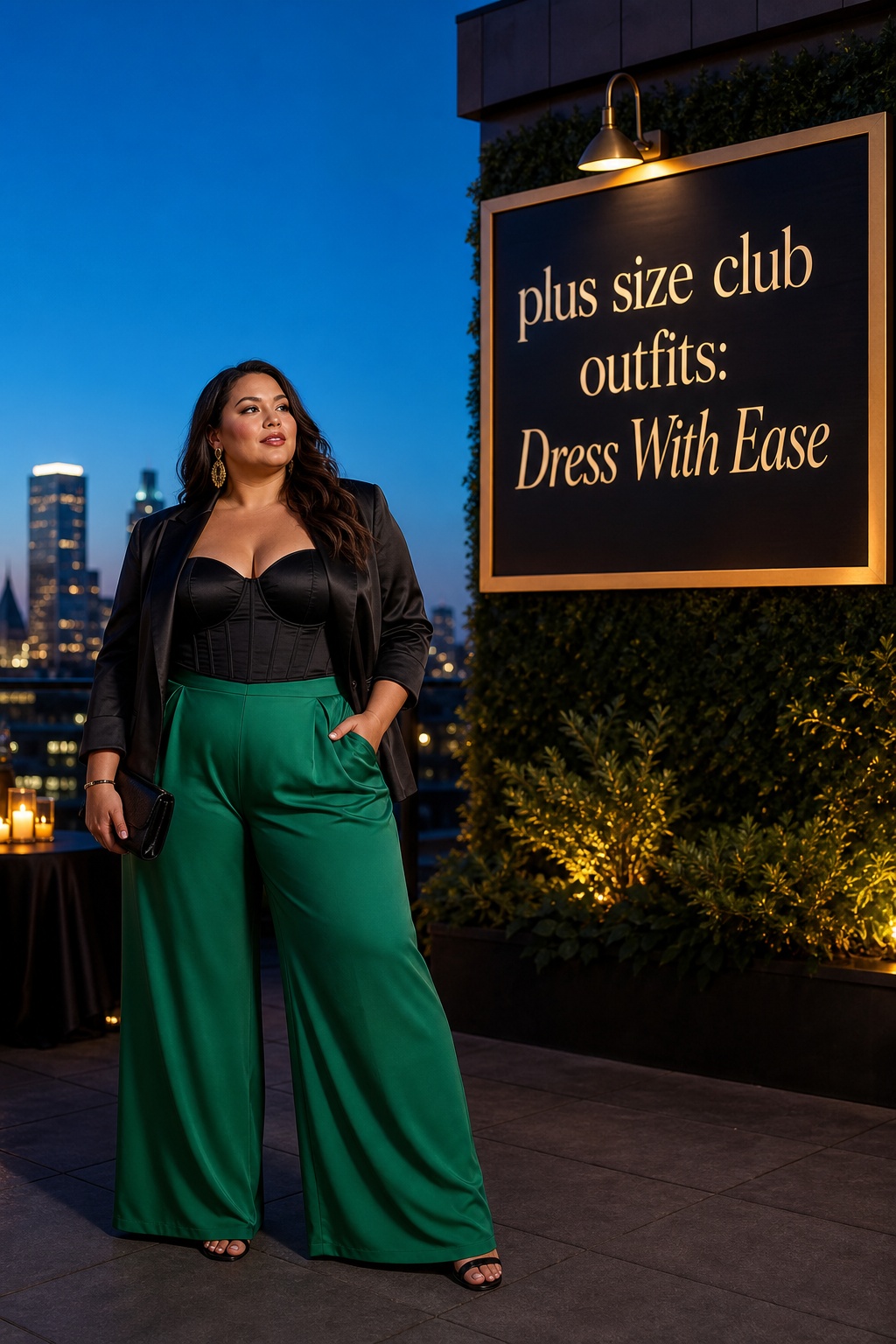 plus size club outfits with a black jacket and emerald wide-leg trousers
