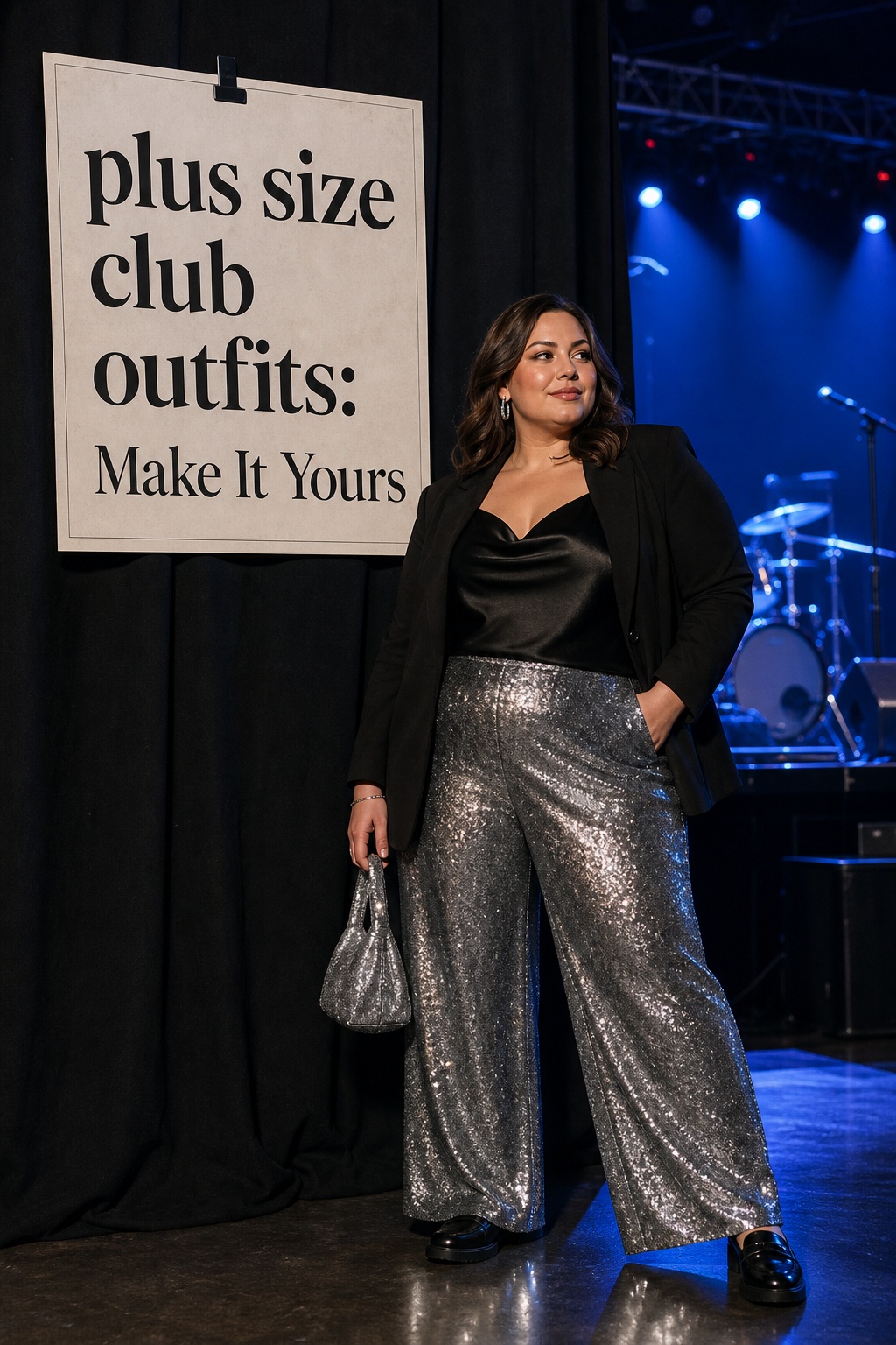 plus size club outfits with a black blazer and silver sequin trousers