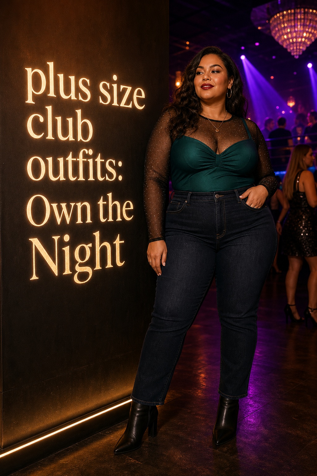 plus size club outfits with a mesh top and dark denim on a dance floor