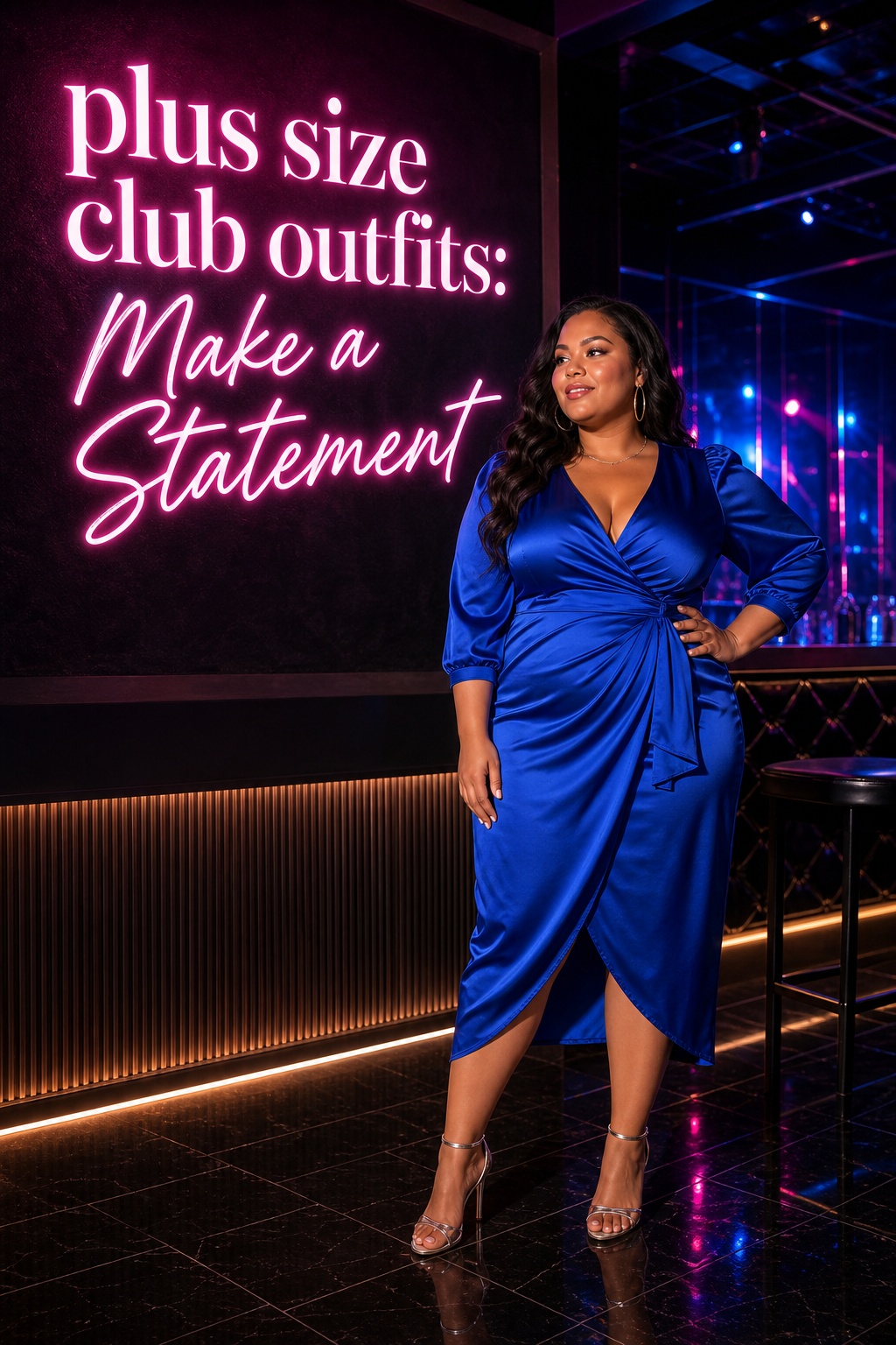 plus size club outfits in a cobalt satin wrap dress at a nightclub