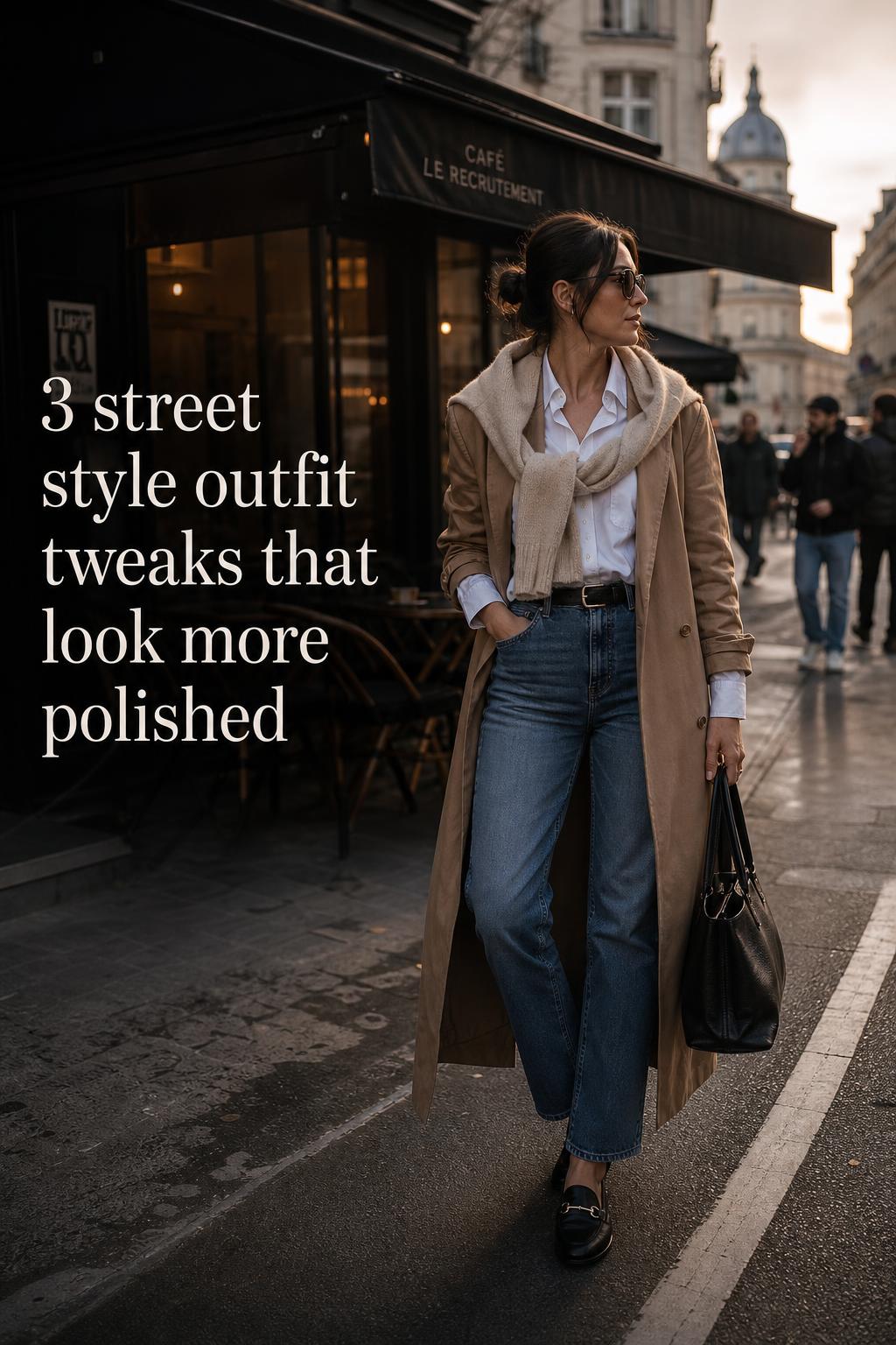 Woman in a refined street style outfit outside a city café at golden hour, layered neutrals with blazer and trench coat