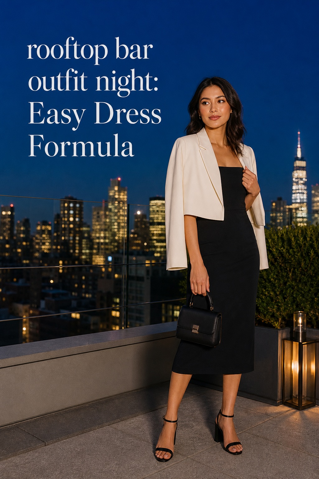 rooftop bar outfit night with a black midi dress and ivory blazer at blue hour