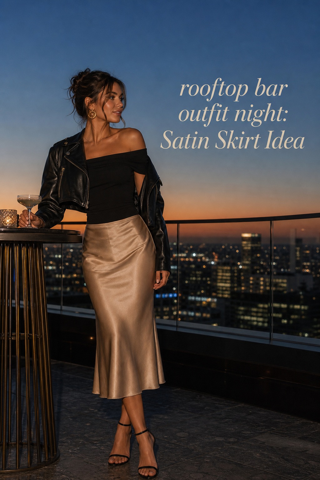 rooftop bar outfit night with a satin skirt, black top, and cropped leather jacket