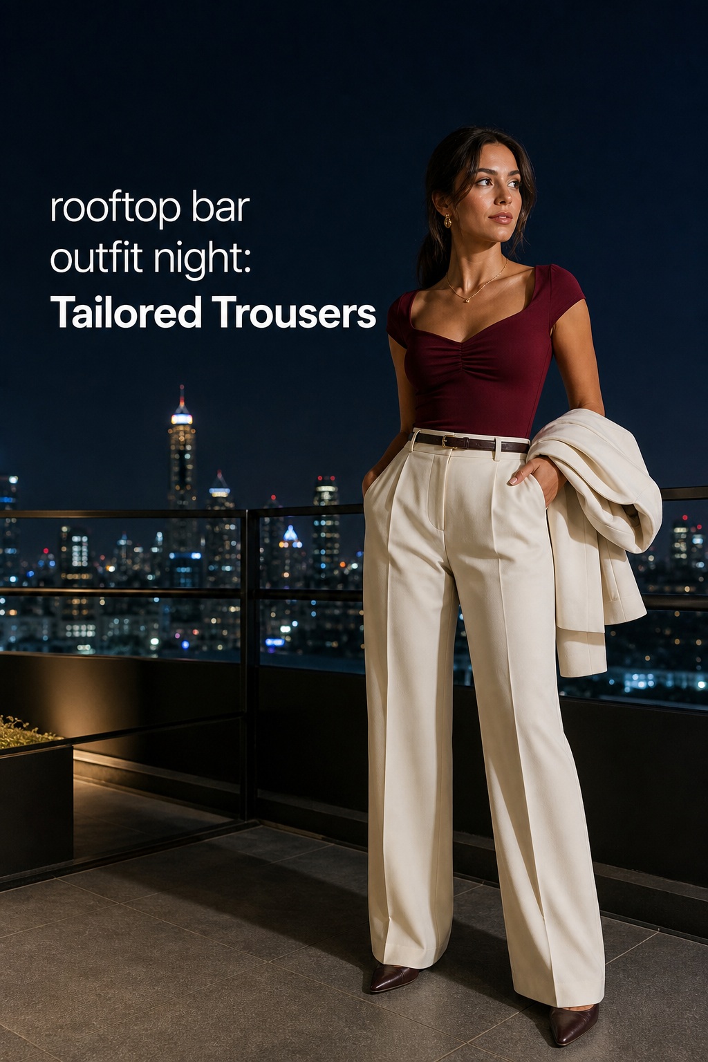 rooftop bar outfit night with ivory tailored trousers and a jewel tone top