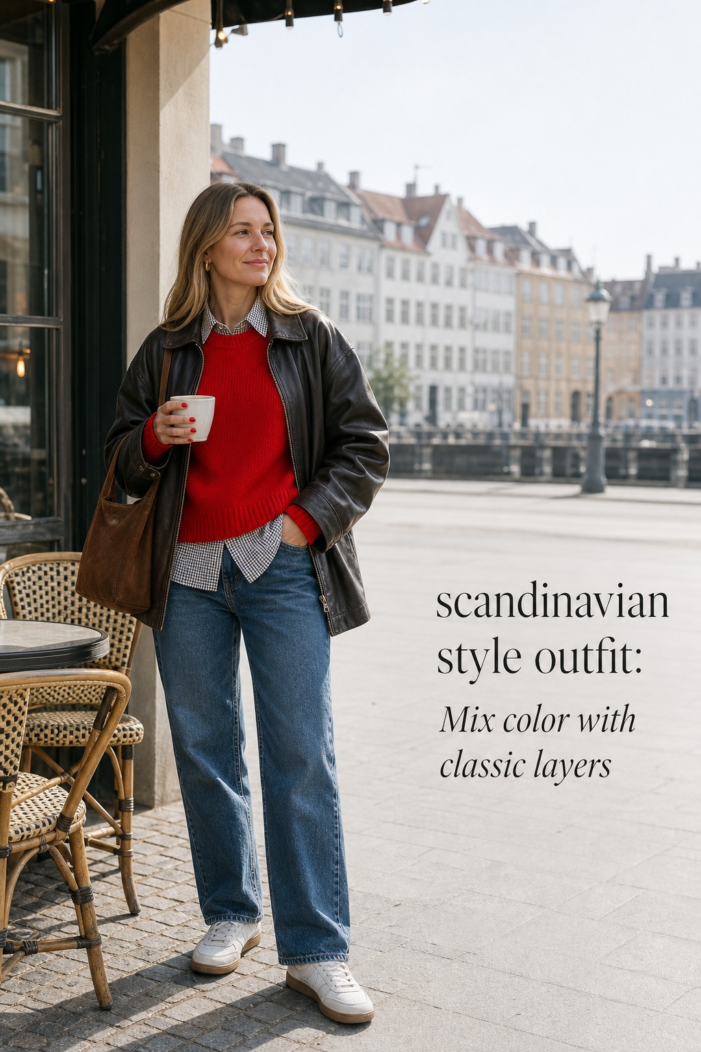 Scandinavian Style Outfit Color Layers scandinavian style outfit with red knit, checked shirt, leather jacket, jeans, and sneakers