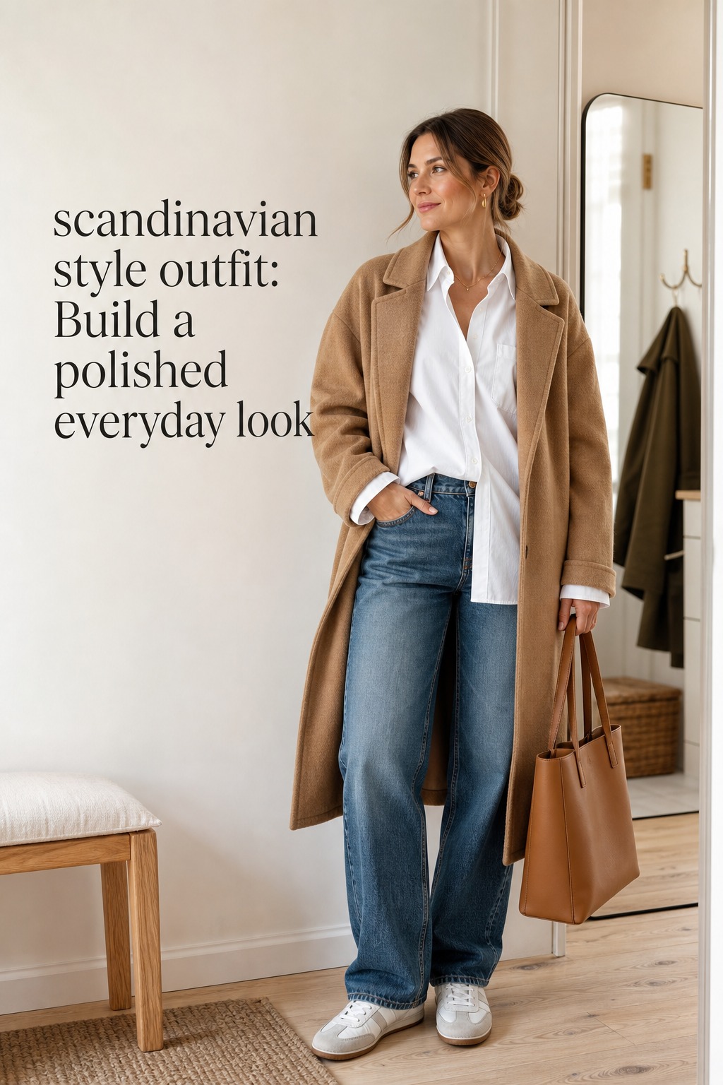 Scandinavian Style Outfit Everyday Look scandinavian style outfit with white shirt, camel coat, relaxed jeans, sneakers, and tote