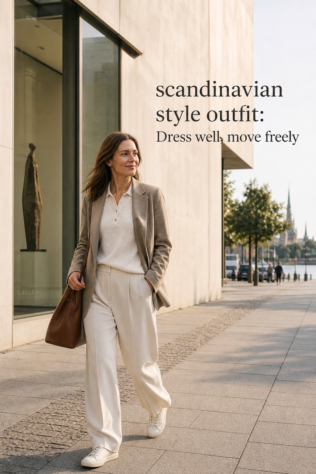 Scandinavian Style Outfit Move Freely scandinavian style outfit with relaxed blazer, knit polo, tailored trousers, sneakers, and tote