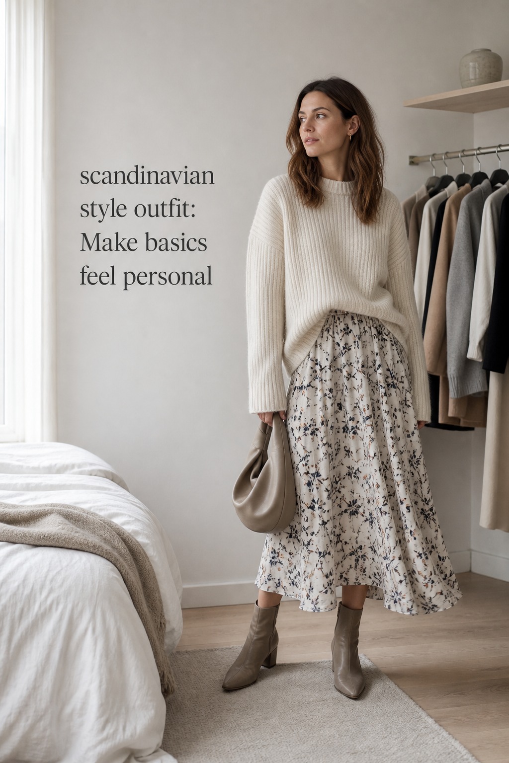 Scandinavian Style Outfit Personal Basics scandinavian style outfit with cream sweater, floral midi skirt, boots, and sculptural bag