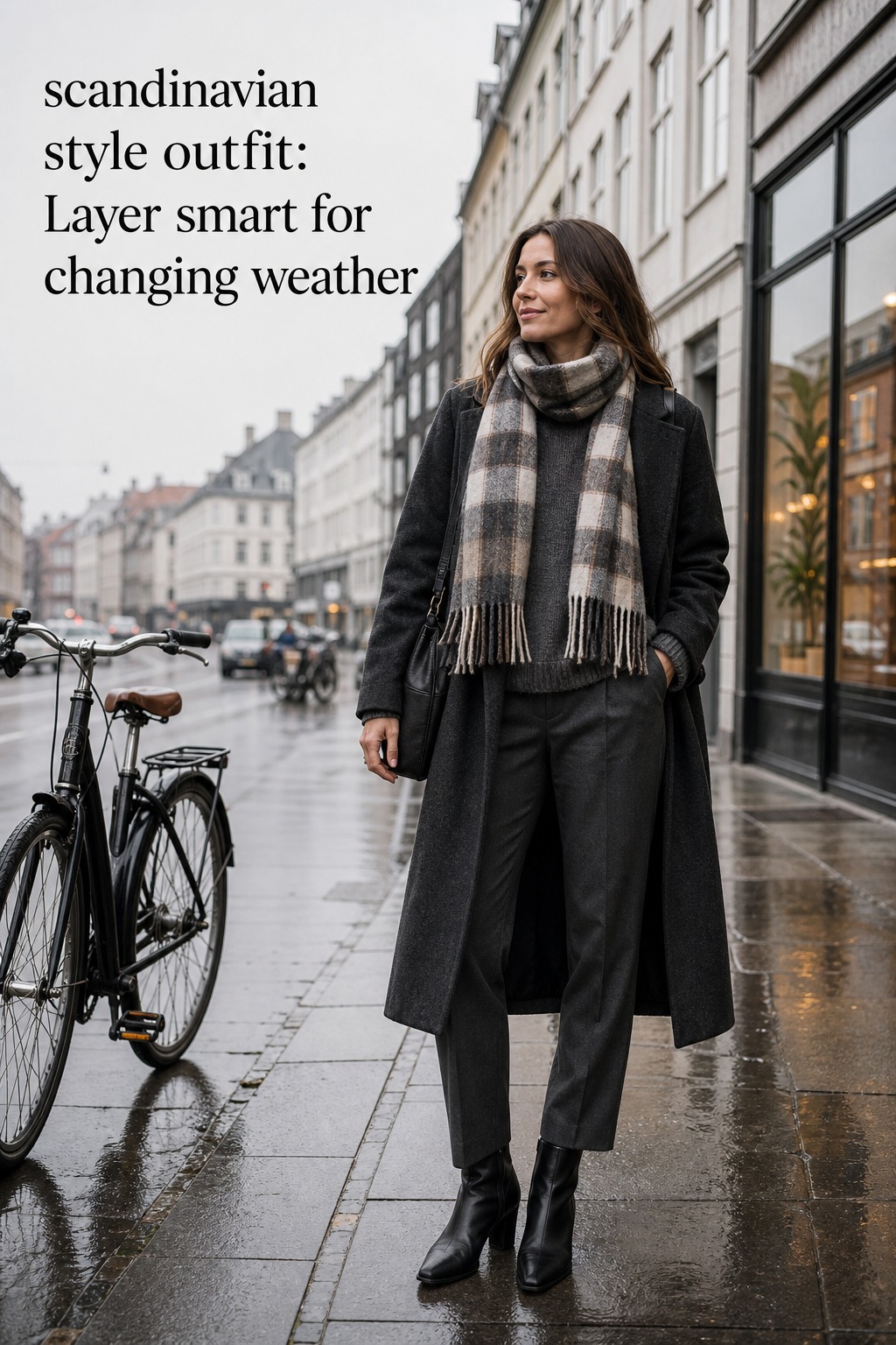 Scandinavian Style Outfit Weather Layers scandinavian style outfit with charcoal coat, knit, plaid scarf, trousers, and boots in rain
