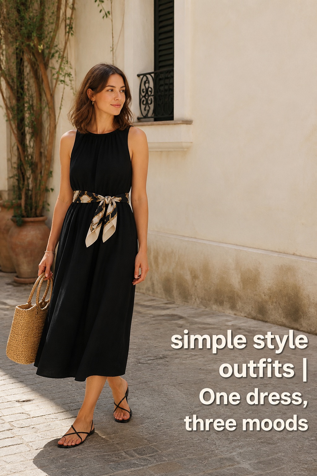 Simple Style Outfits With A Dress simple style outfits with black midi dress scarf belt and sandals