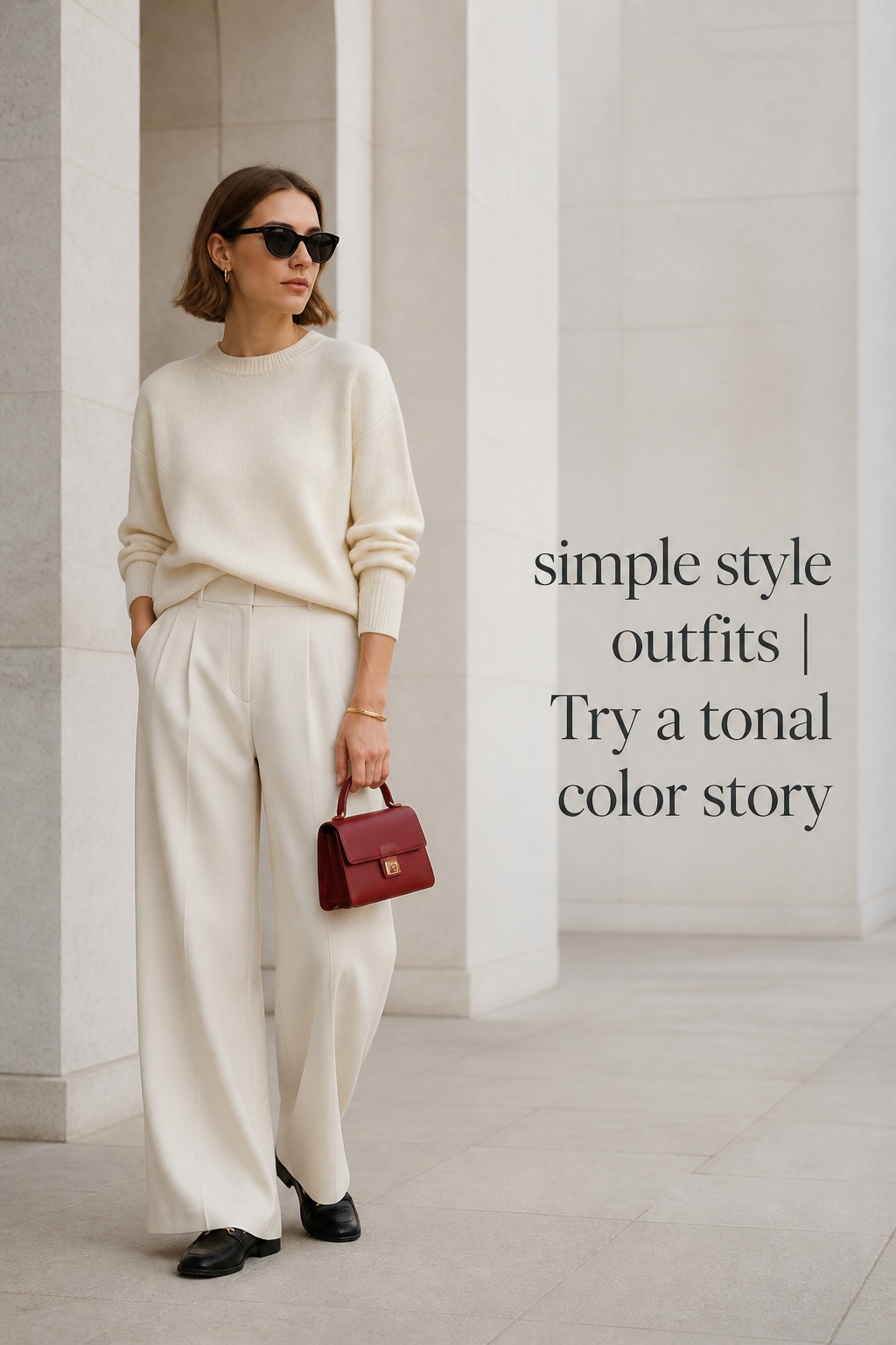 Simple Style Outfits In Tonal Neutrals simple style outfits in cream knit trousers with red handbag