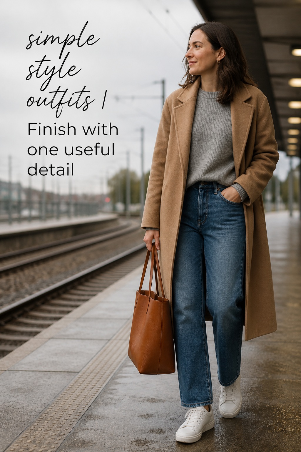 Simple Style Outfits For Travel simple style outfits with camel coat gray knit jeans and tote