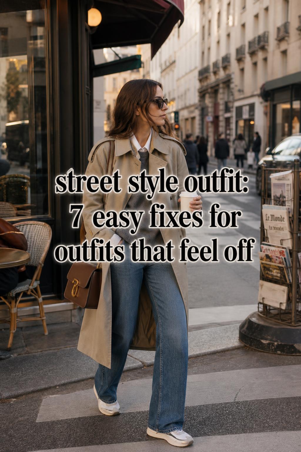 Street style outfit inspiration: woman in trench coat and tailored denim walking past a city café in warm afternoon light