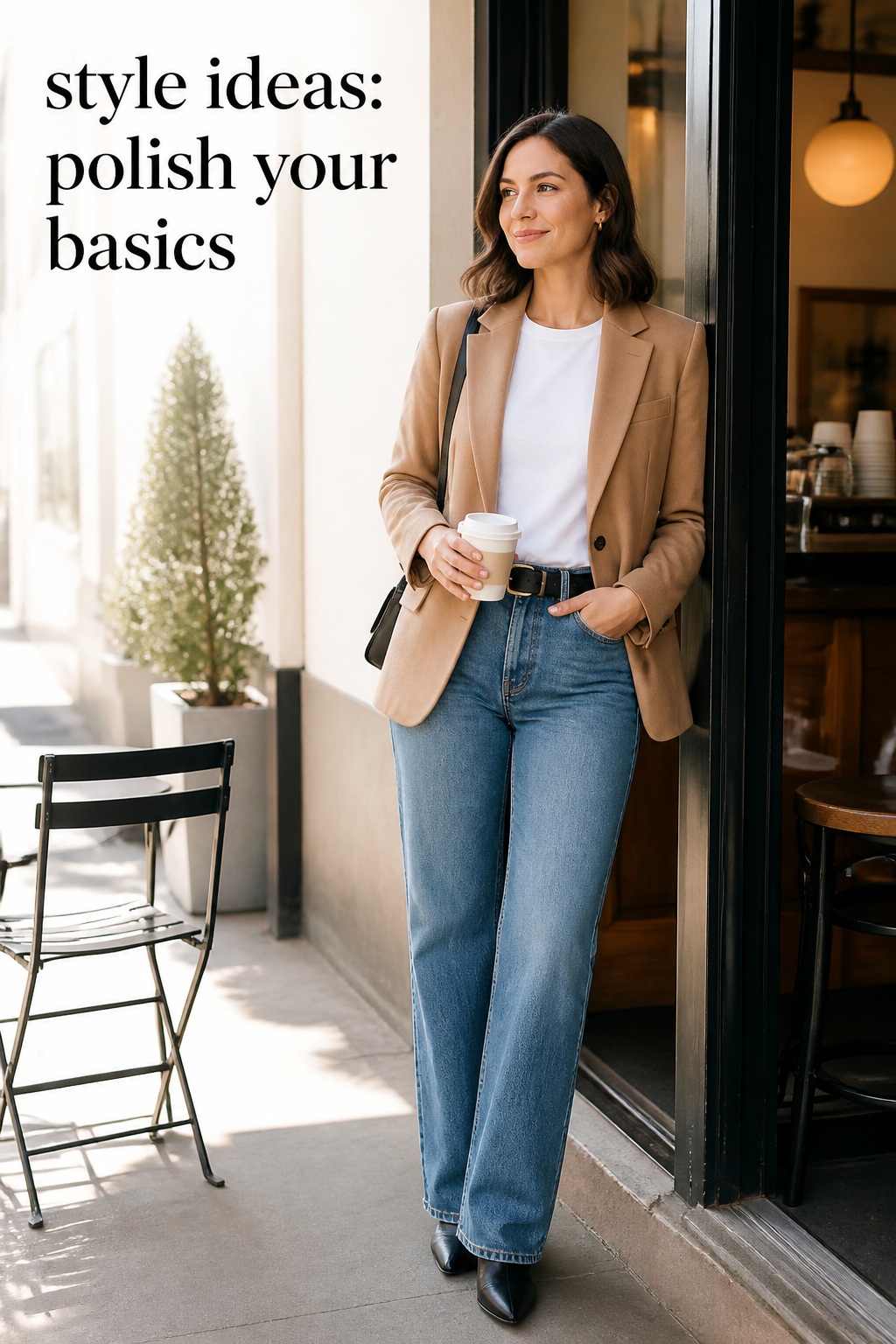 Style Ideas: Polish Your Basics style ideas with a white tee, jeans, and camel blazer for polished everyday dressing
