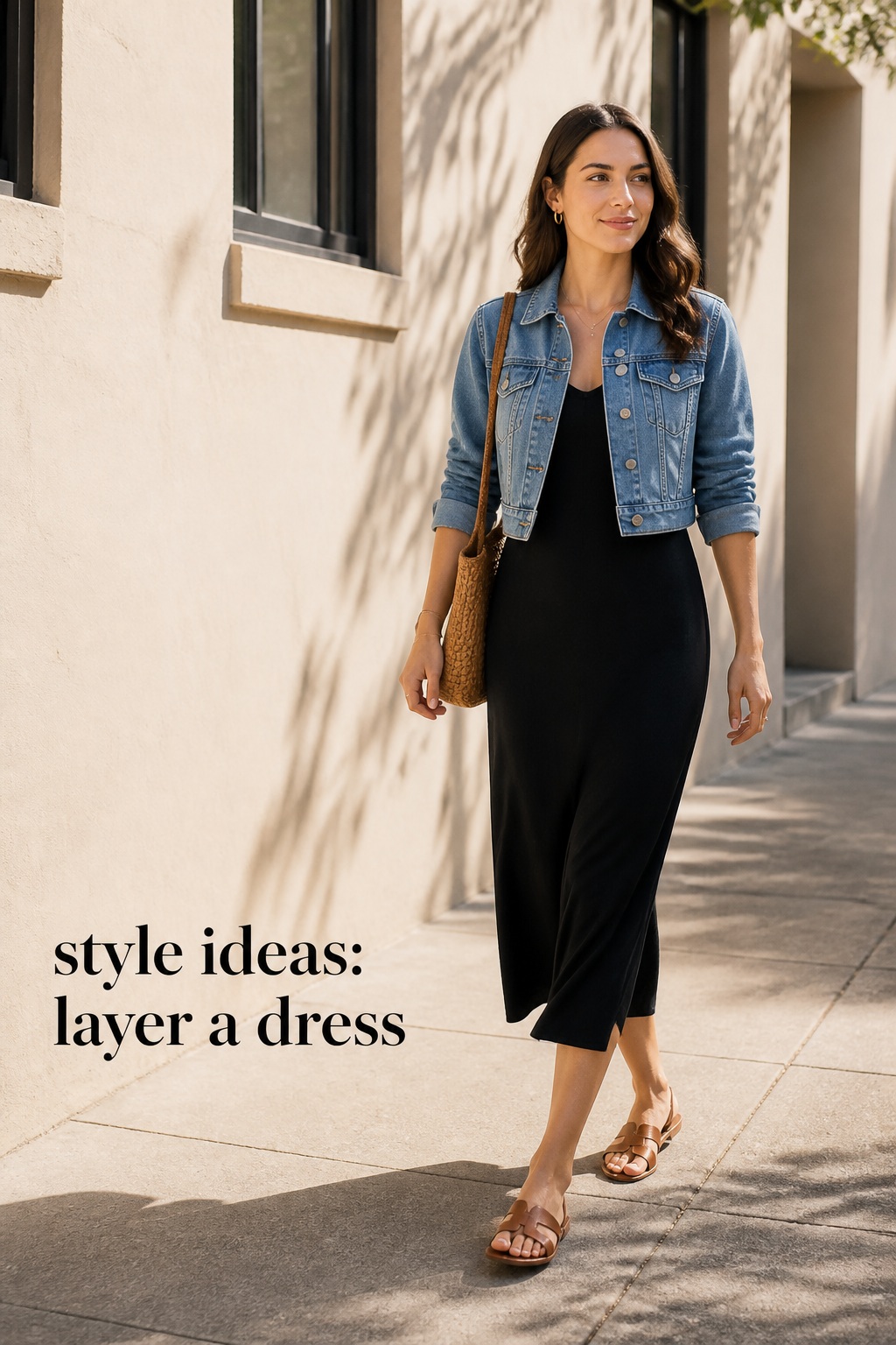 Style Ideas: Layer a Dress style ideas with a black midi dress and cropped denim jacket for casual layering