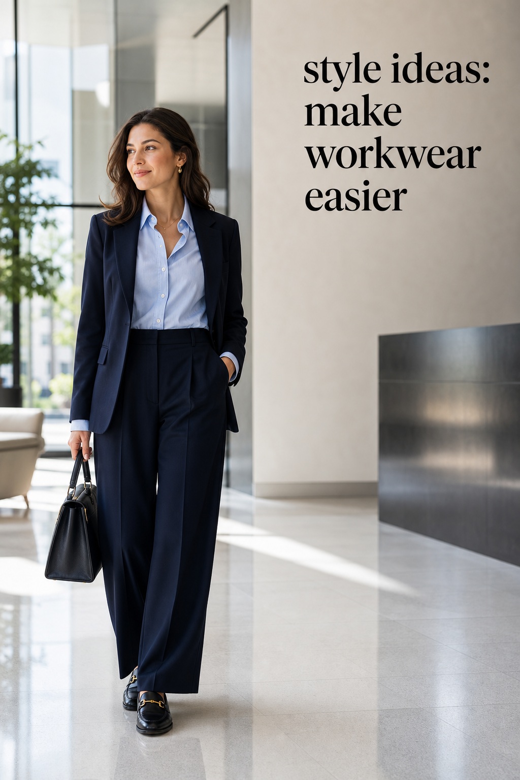 Style Ideas: Easier Workwear style ideas for easier workwear with a pale blue shirt, navy blazer, trousers, and loafers