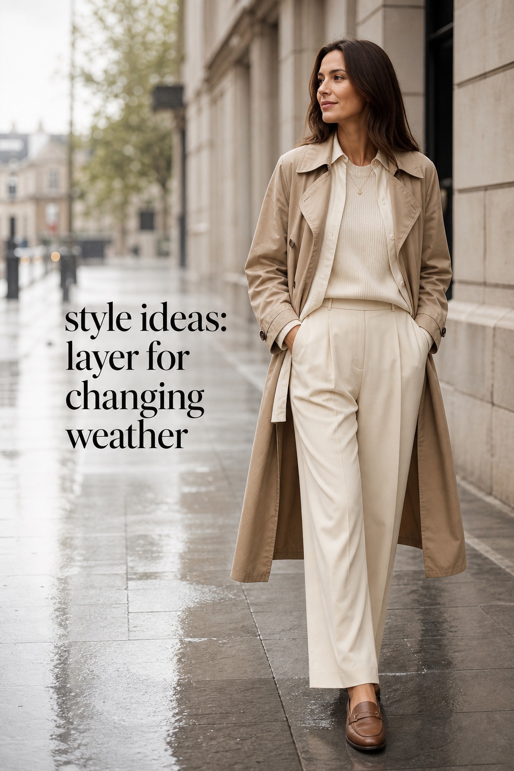 Style Ideas: Layer for Weather style ideas for changing weather with tonal cream layers and a lightweight trench