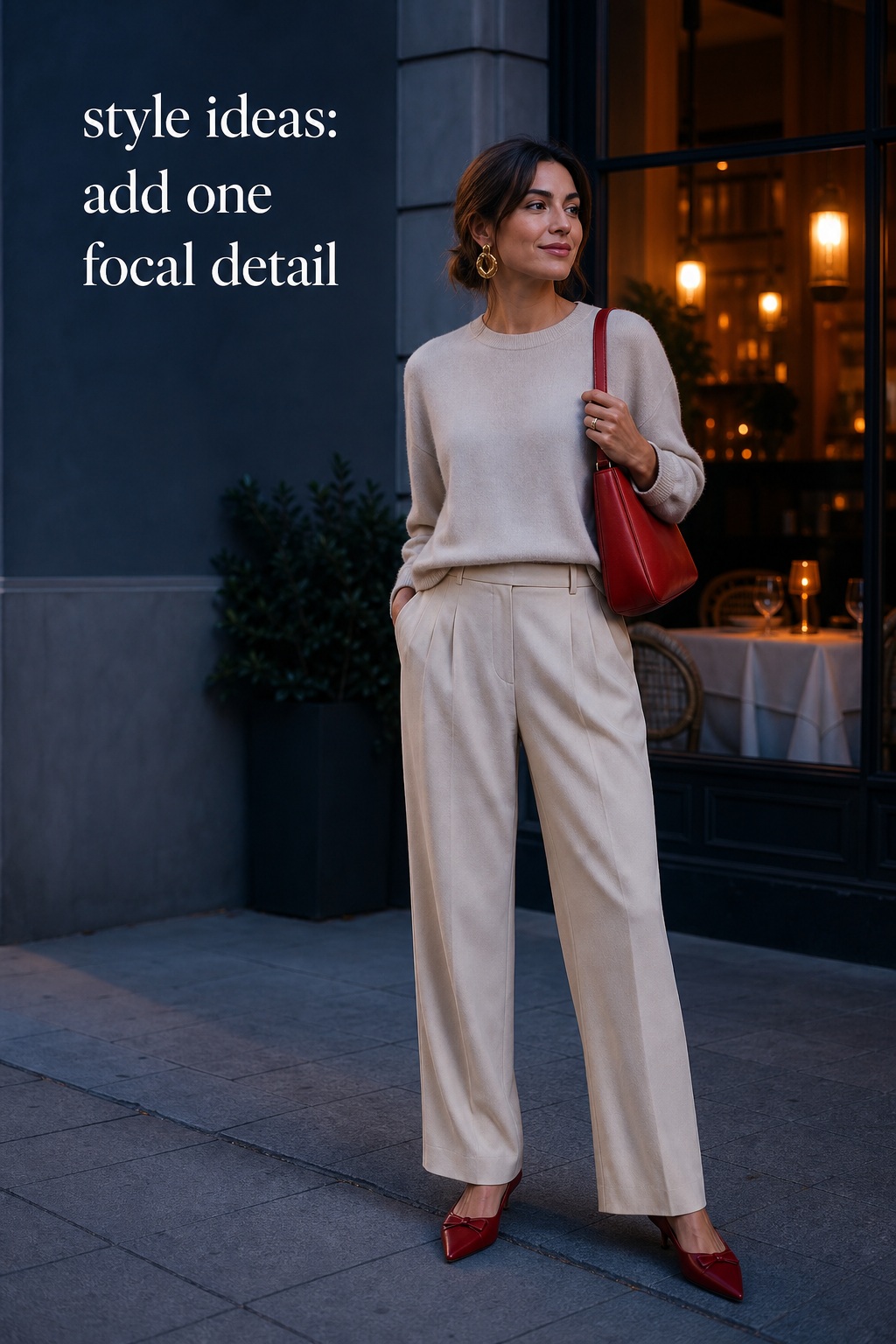 Style Ideas: One Focal Detail style ideas with one focal detail using a red bag and statement earrings for dinner