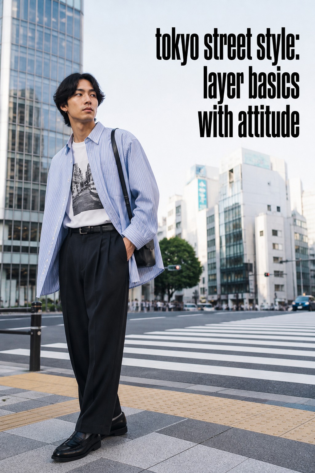 Tokyo Street Style Layered Basics tokyo street style with striped shirt, graphic tee, trousers, and loafers