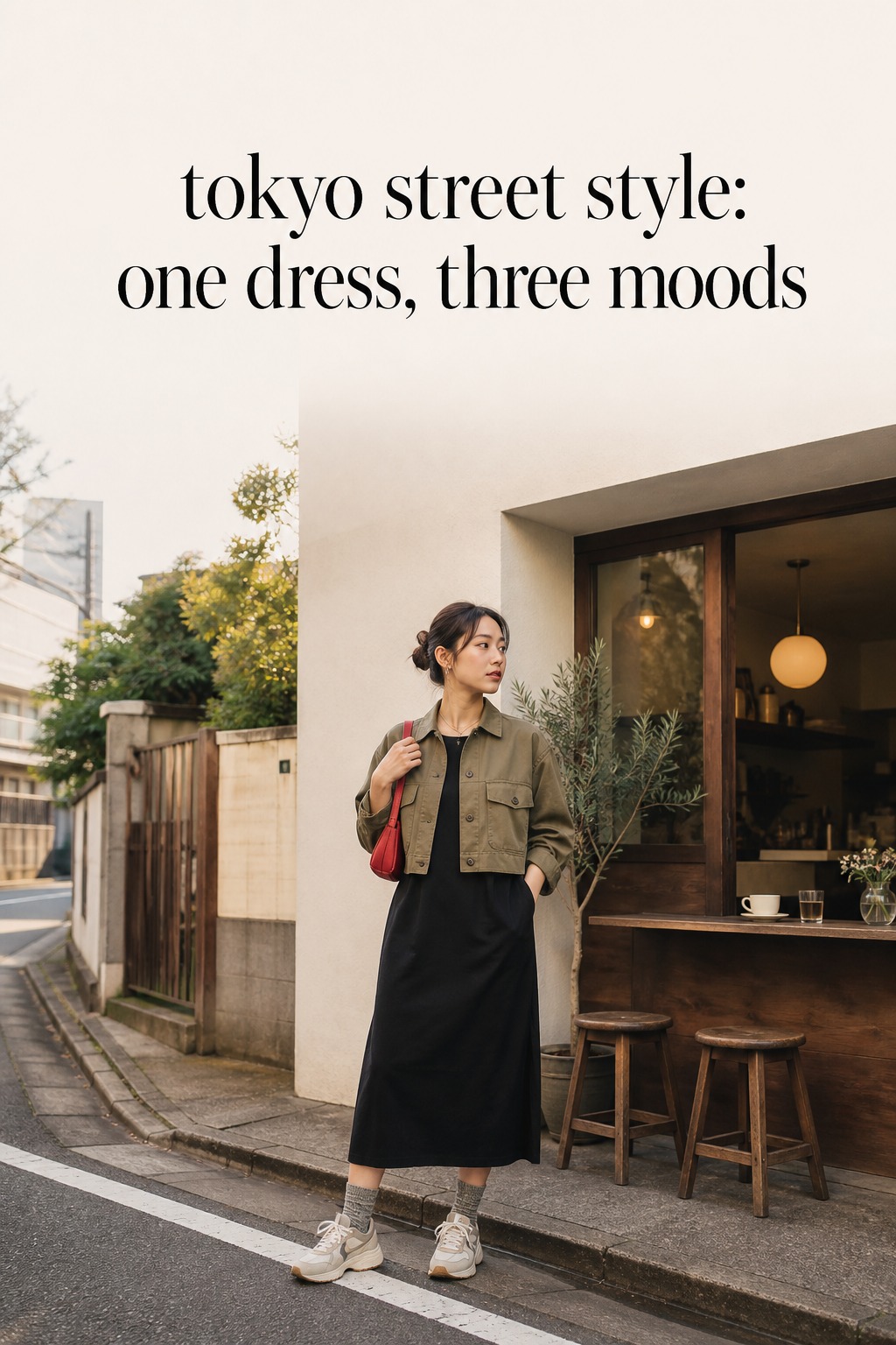 Tokyo Street Style Dress Formula tokyo street style black midi dress with utility jacket and red bag