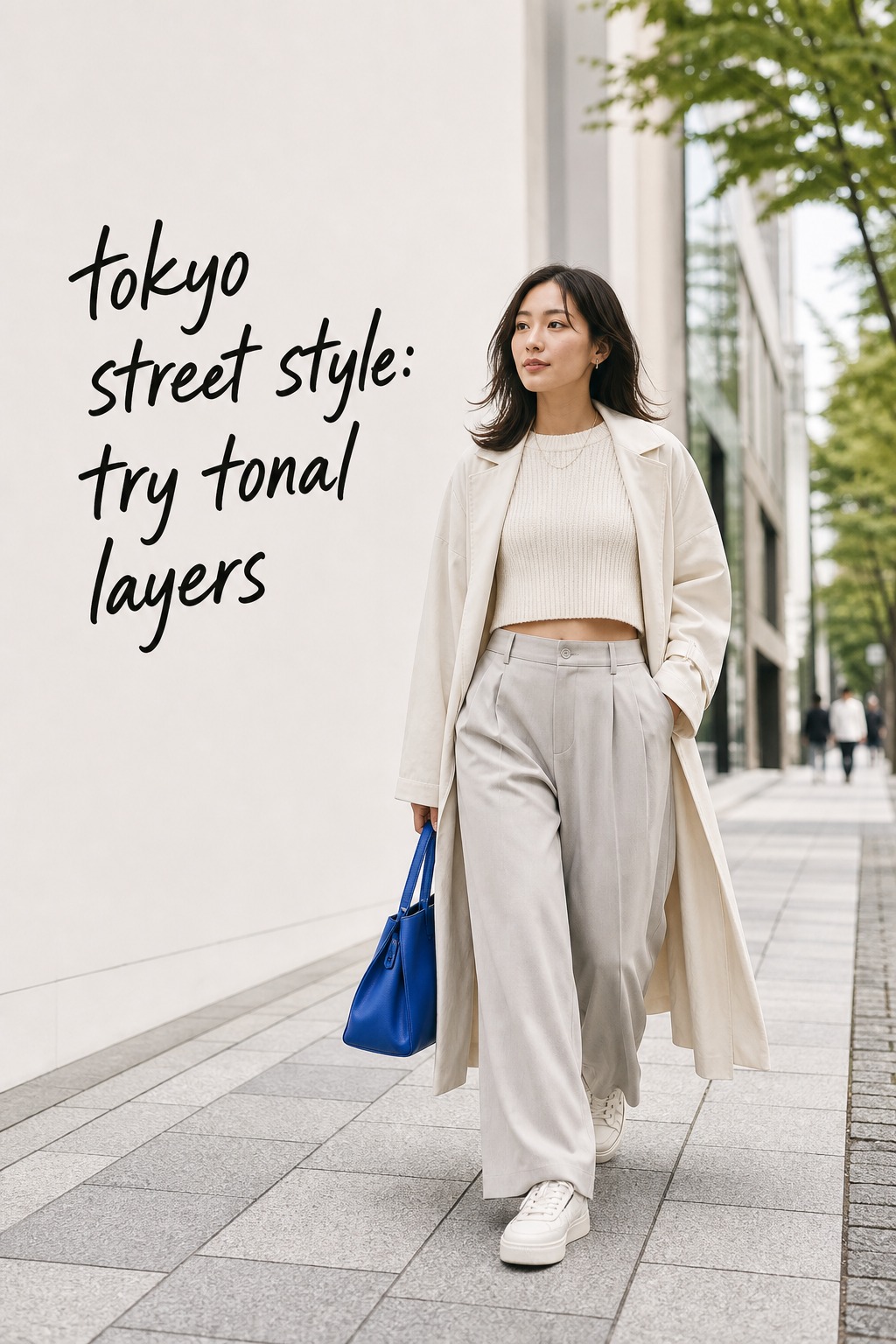 Tokyo Street Style Tonal Layers tokyo street style tonal cream and gray layers with a cobalt bag