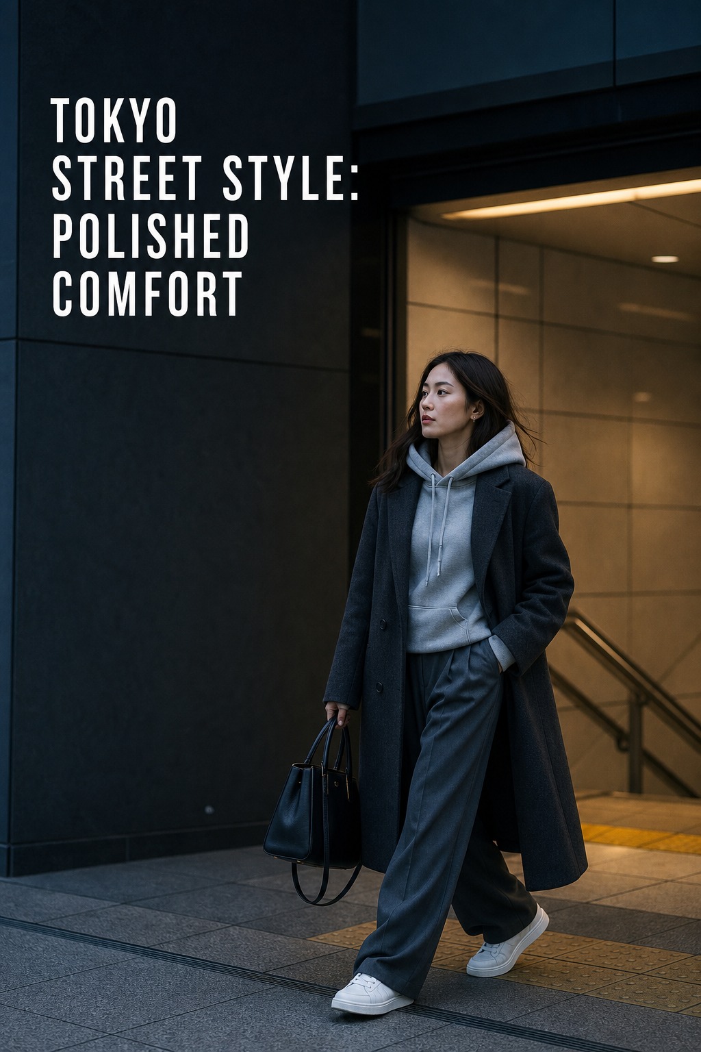 Tokyo Street Style Polished Comfort tokyo street style hoodie and tailored coat with relaxed trousers and sneakers