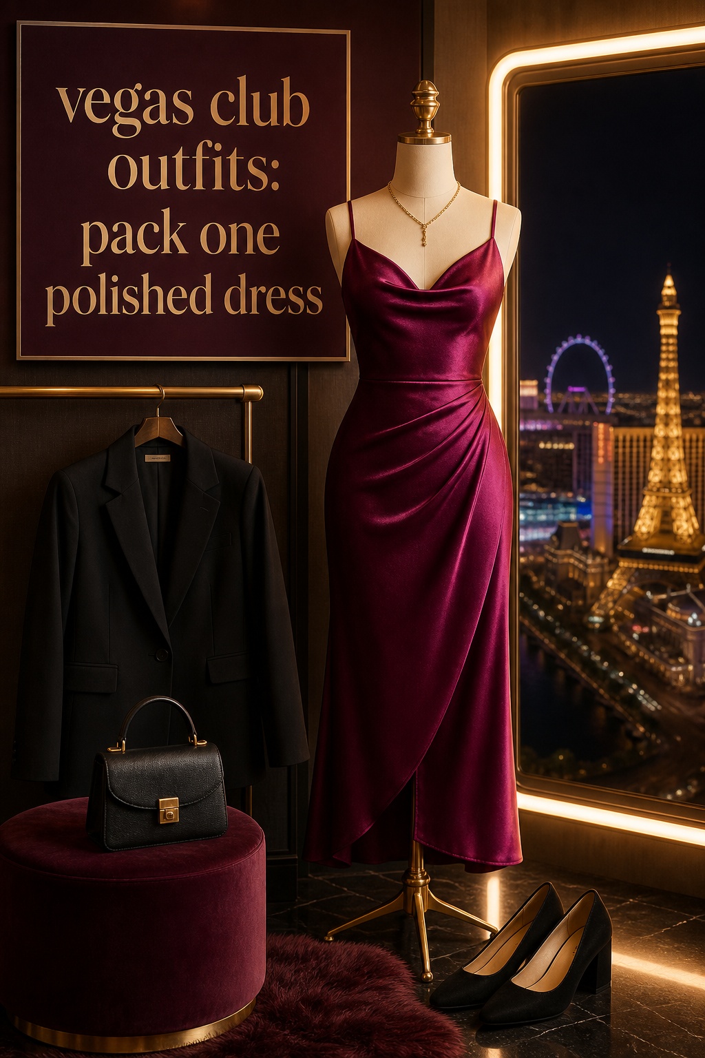 Vegas Club Outfits Satin Dress vegas club outfits with a polished satin dress and blazer