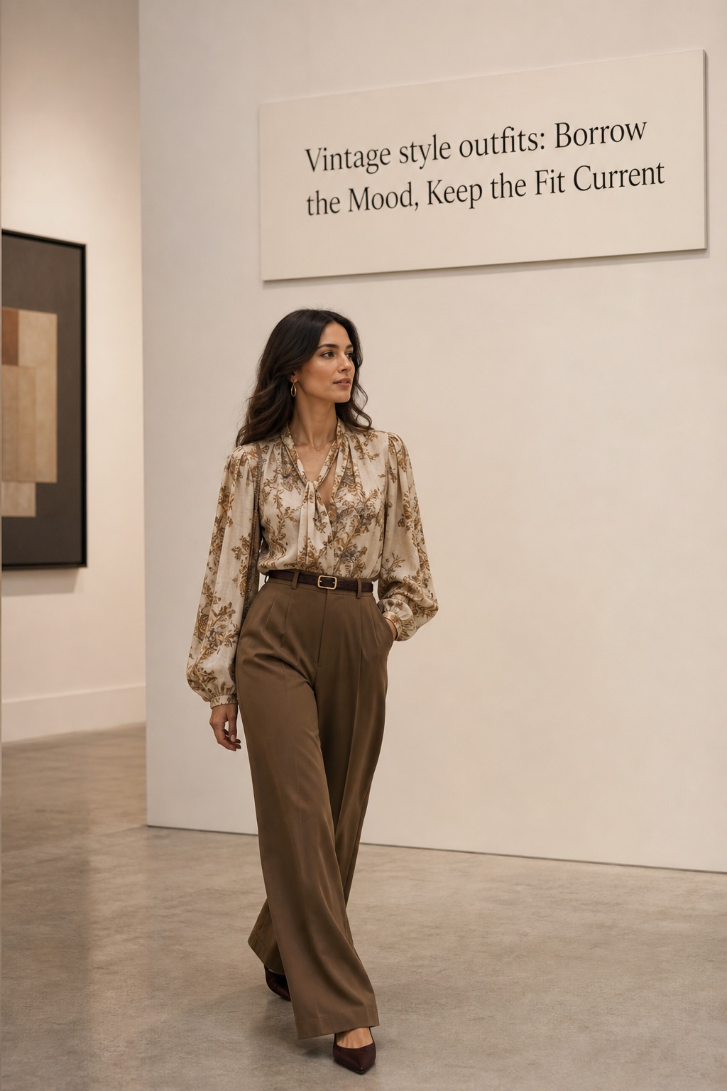 Vintage Style Outfits Current Fit Vintage style outfits with a flowing blouse, wide-leg trousers, belt, and pointed flats
