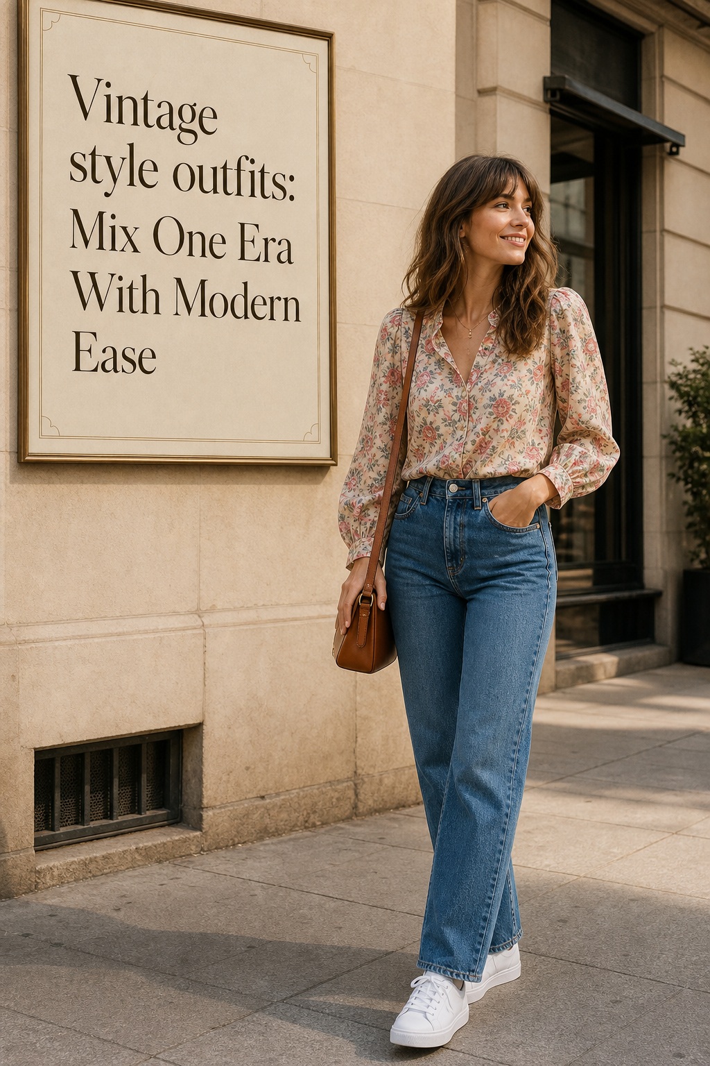 Vintage Style Outfits Mix Era Vintage style outfits with a floral blouse, straight jeans, and modern sneakers