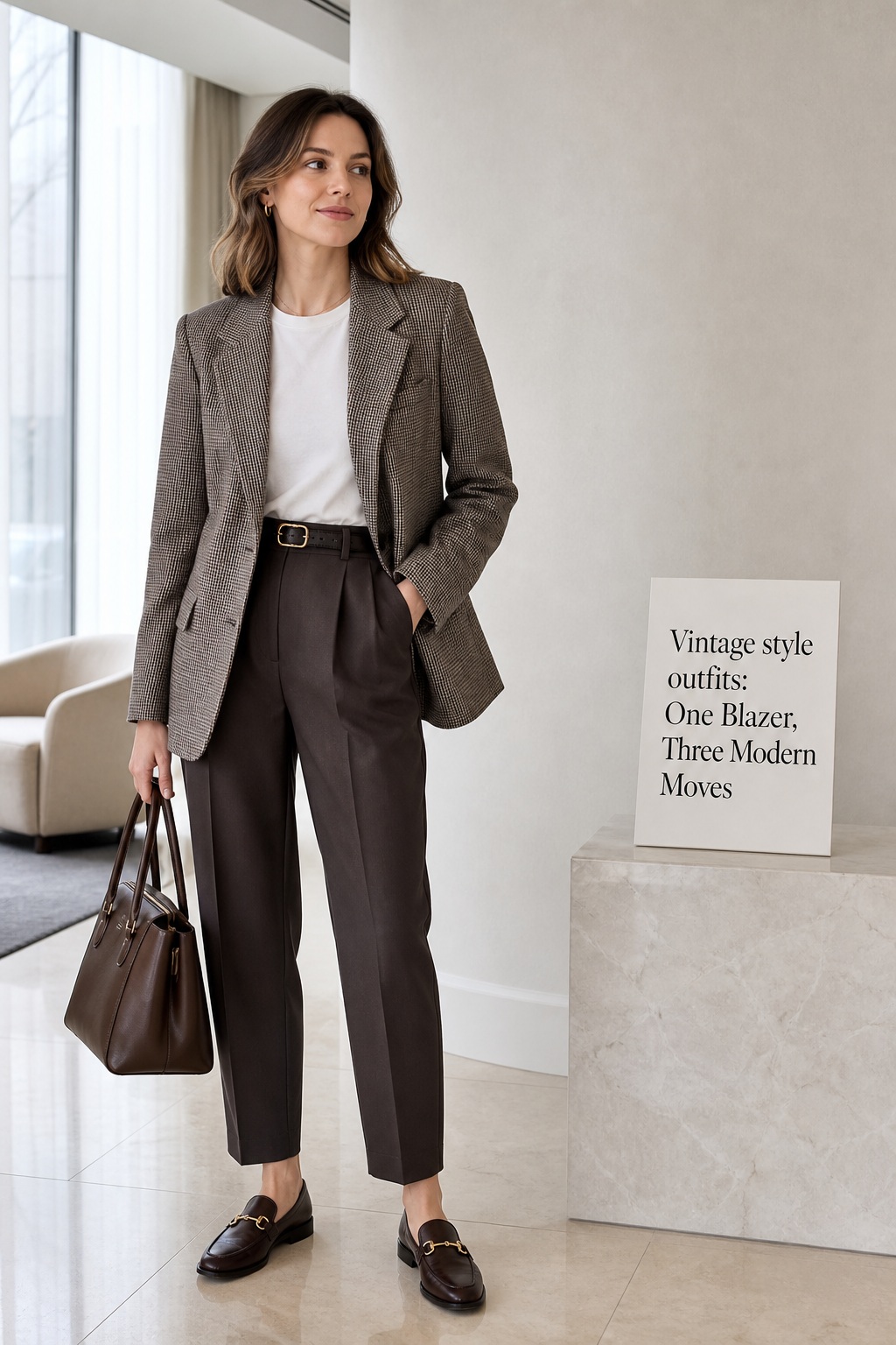 Vintage Style Outfits Modern Blazer Vintage style outfits with a structured blazer, white tee, trousers, and loafers