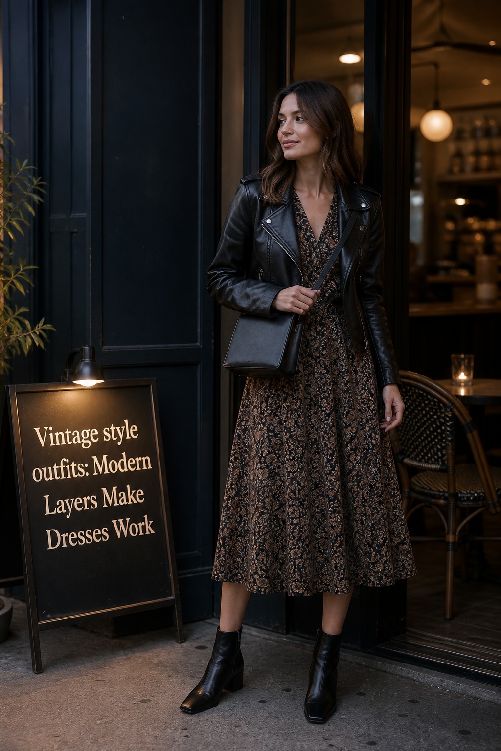 Vintage Style Outfits Modern Dress Vintage style outfits with a printed dress, leather jacket, boots, and crossbody bag