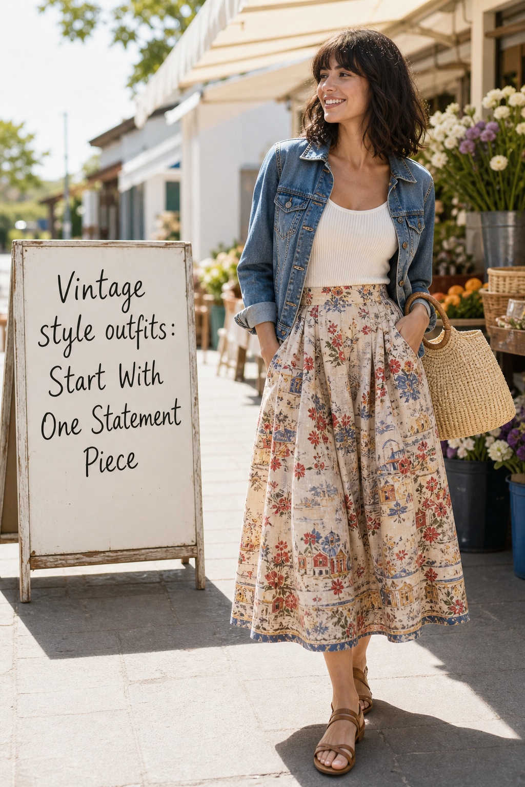 Vintage Style Outfits Statement Piece Vintage style outfits with a printed midi skirt, tank, denim jacket, and woven bag