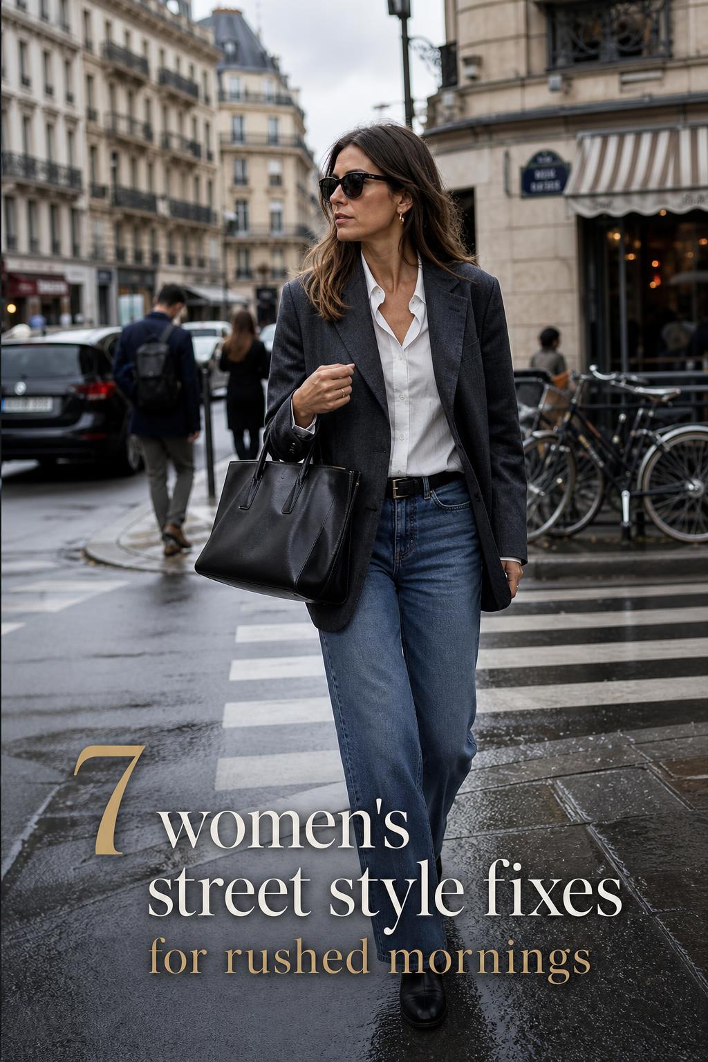 Women's street style look: adult woman walking on a European city street after rain in blazer, denim, and ankle boots