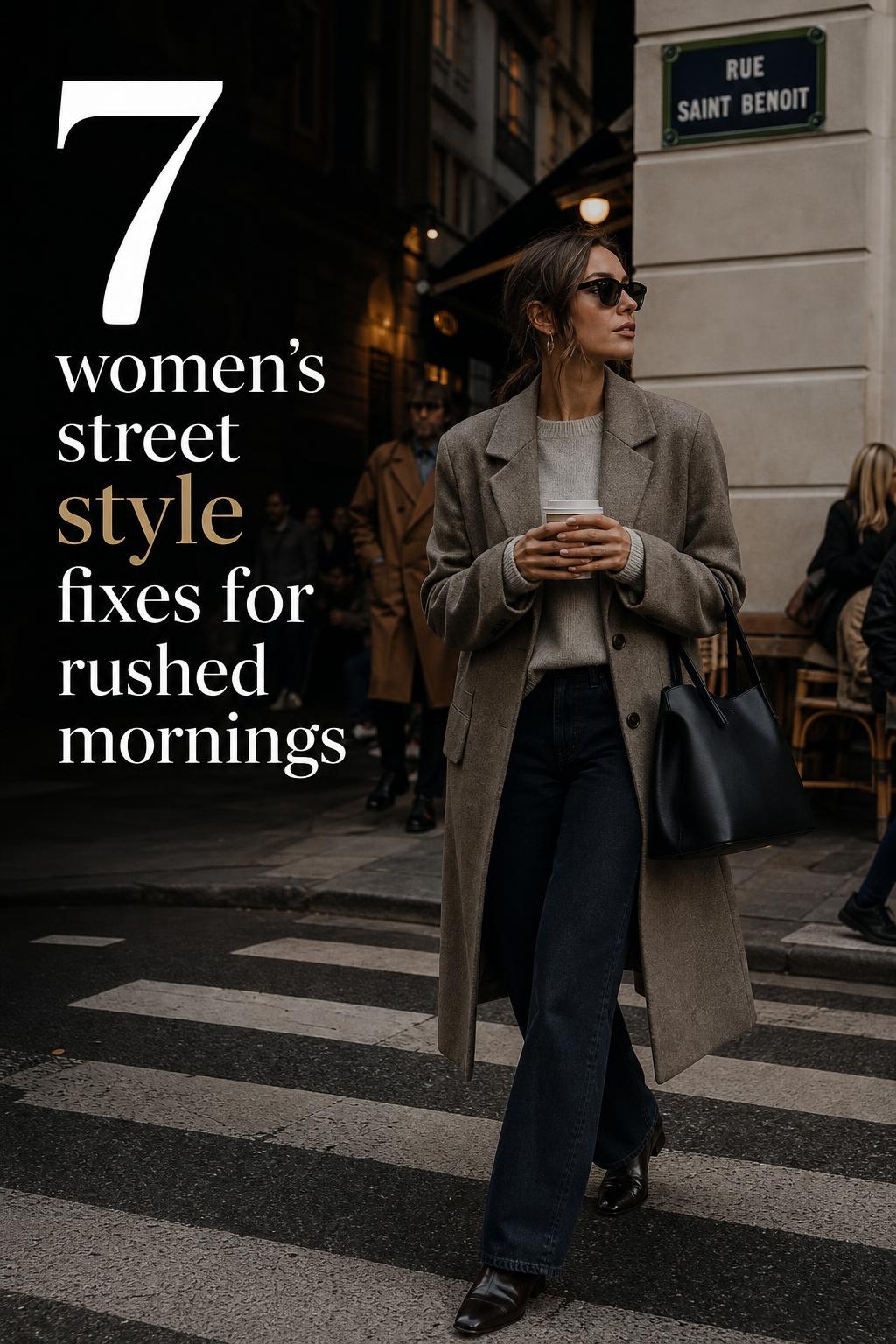 Women’s street style in a busy European city, adult woman in blazer and boots walking with a handbag, cinematic editorial mood