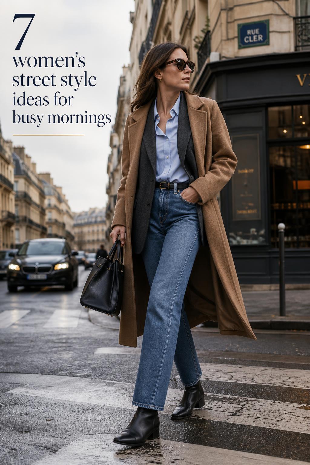 Women's street style in a European city crosswalk, adult woman in wool coat and blazer with denim and ankle boots