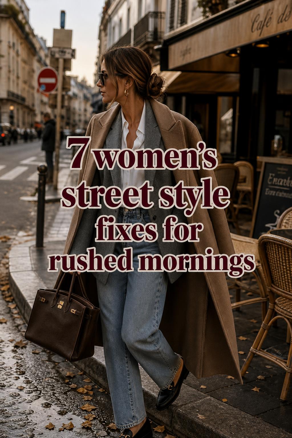 Women's street style in a European city street, woman in blazer and coat walking past cafés in warm afternoon light.