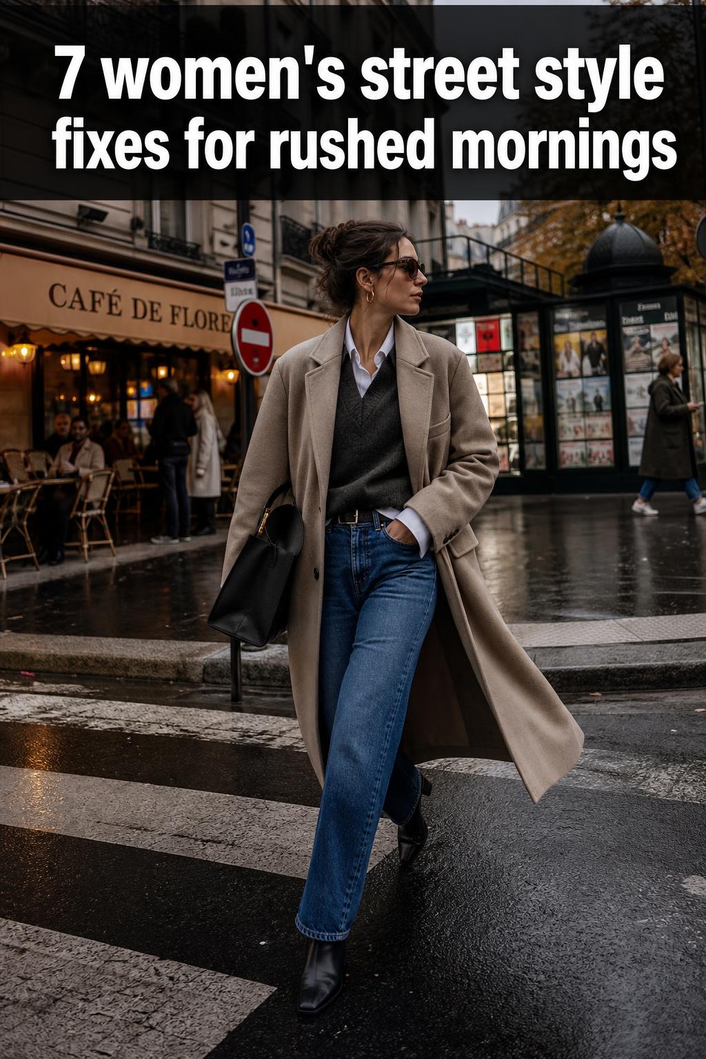 Women's street style photo of a woman in a chic urban outfit walking through a city street