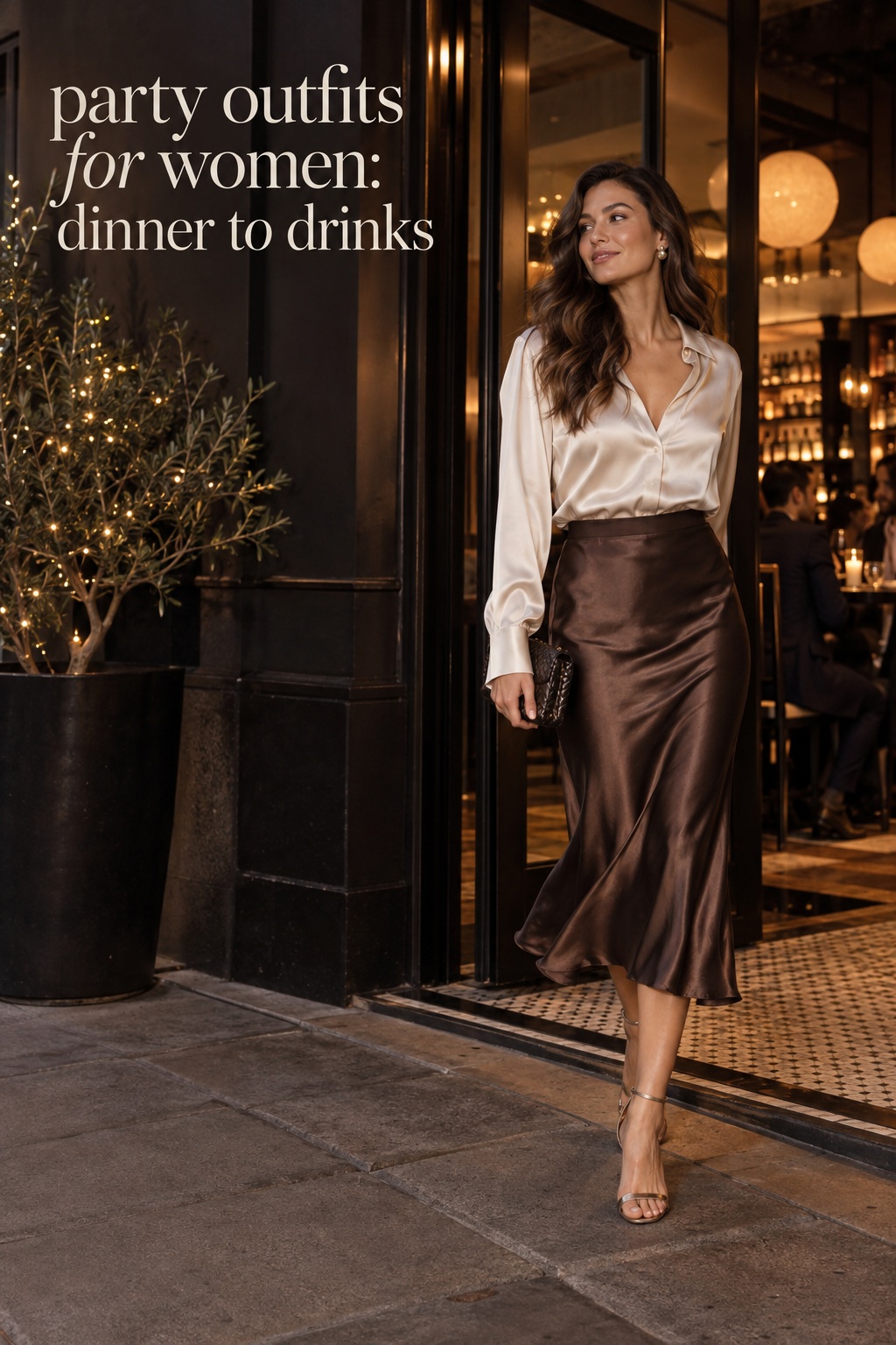 Dinner to drinks party outfit party outfits for women satin blouse and midi skirt