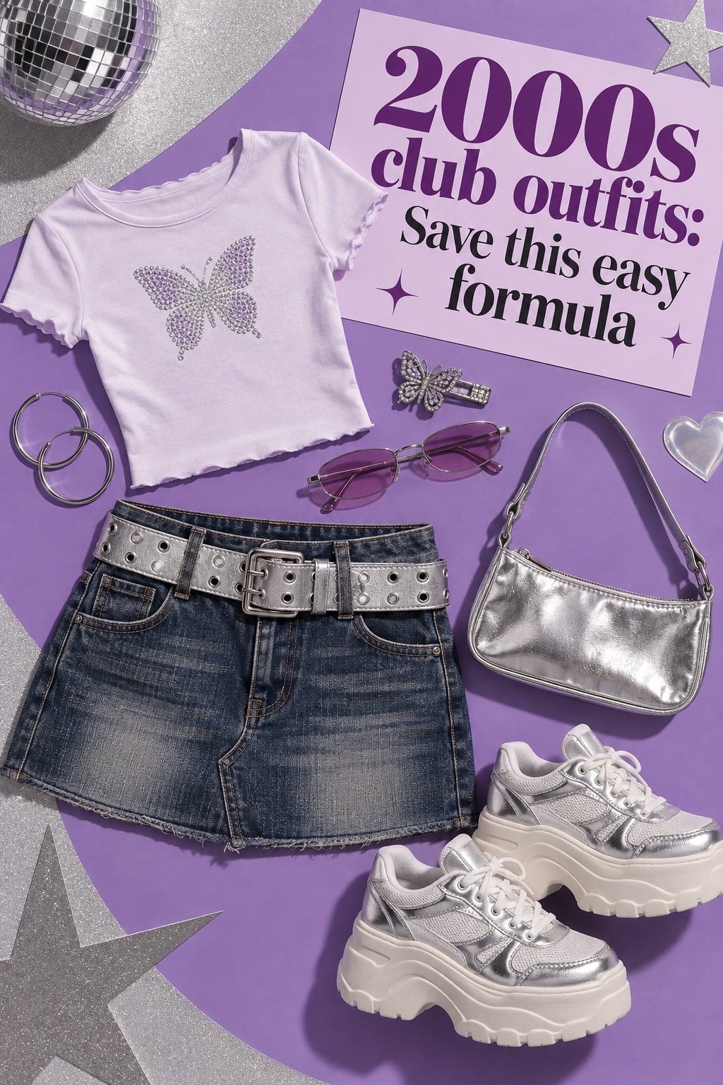 2000s Club Outfits Easy Formula 2000s club outfits flat lay with baby tee denim mini and platform sneakers