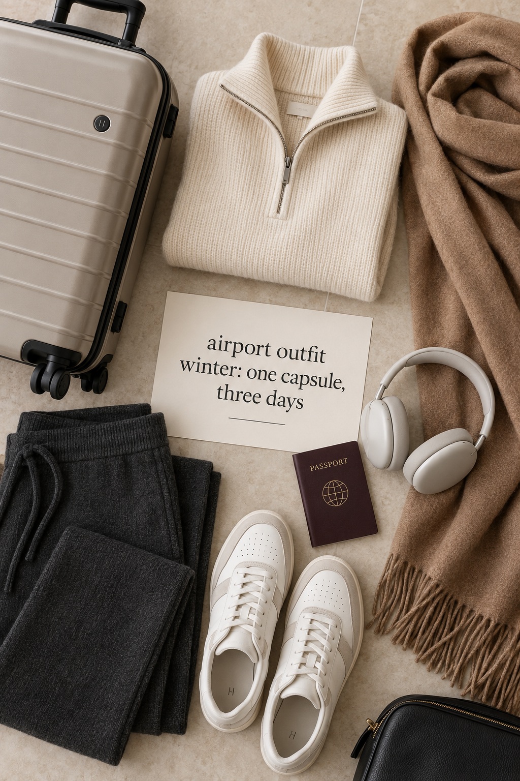 Three-day winter travel flat lay Airport outfit winter capsule arranged as a Pinterest flat lay