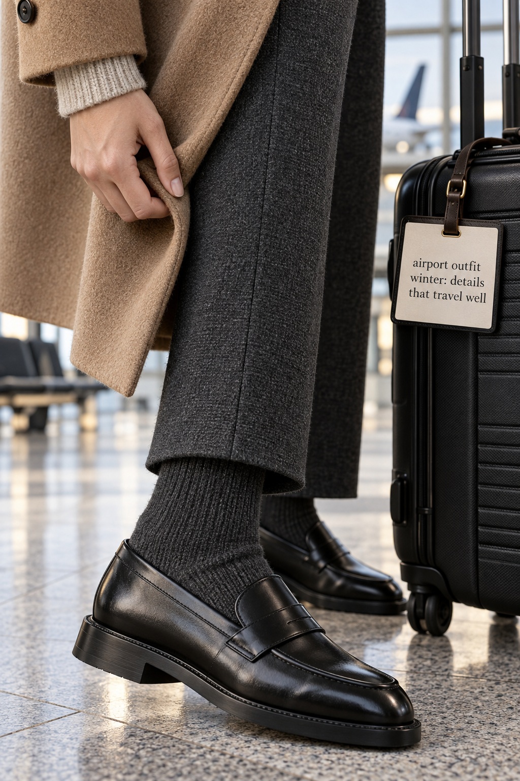 Travel-ready winter outfit details Airport outfit winter details with knit socks and polished loafers