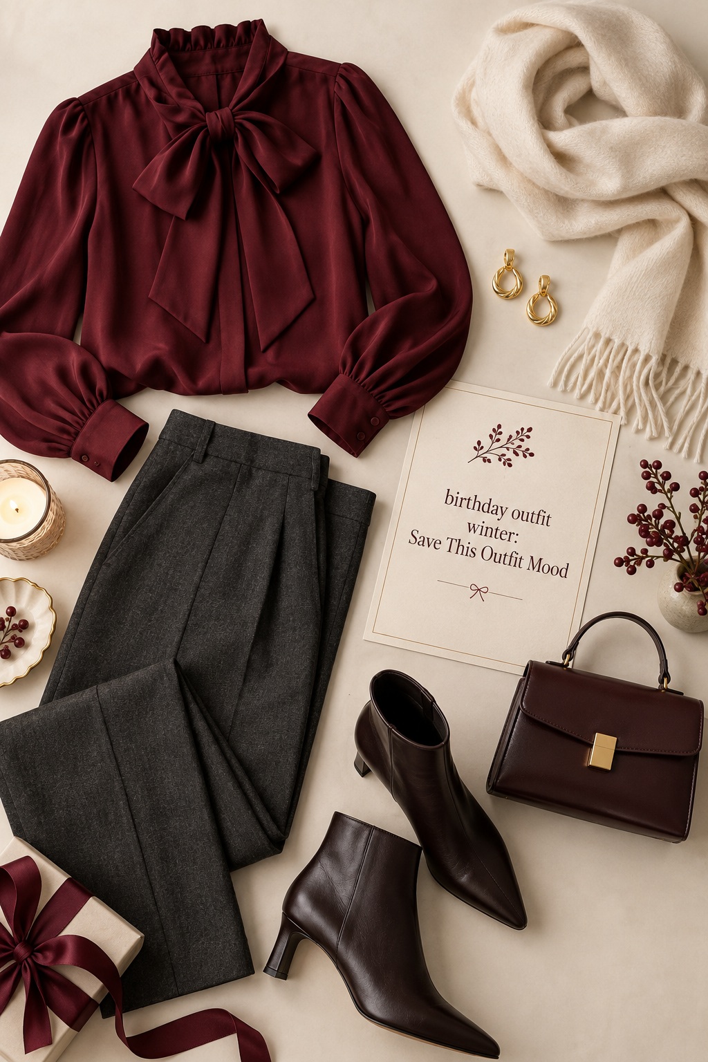 Birthday Outfit Winter Style Board Birthday outfit winter flat lay with a berry blouse, tailored trousers, and polished boots