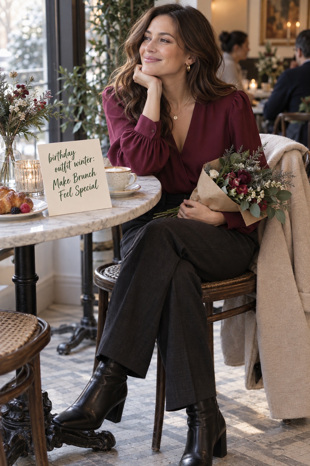 Berry Blouse Birthday Brunch Birthday outfit winter for brunch with a berry blouse and tailored trousers