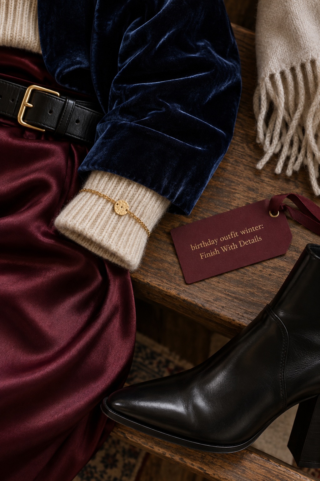 Winter Birthday Outfit Details Birthday outfit winter details: velvet sleeve, knit cuff, gold bracelet, and ankle boot