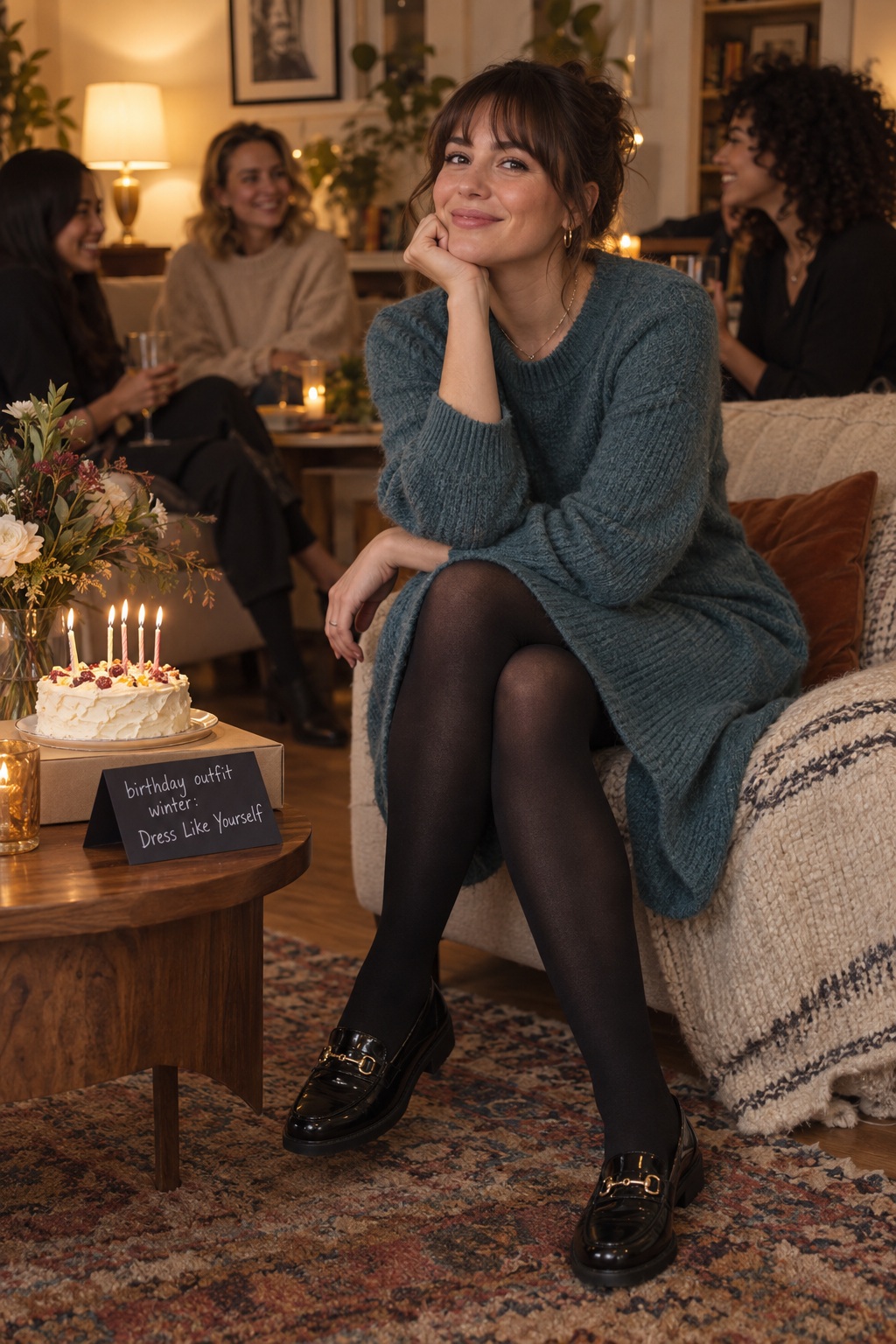 Teal Knit Dress at Home Birthday outfit winter at home in a teal knit dress with opaque tights