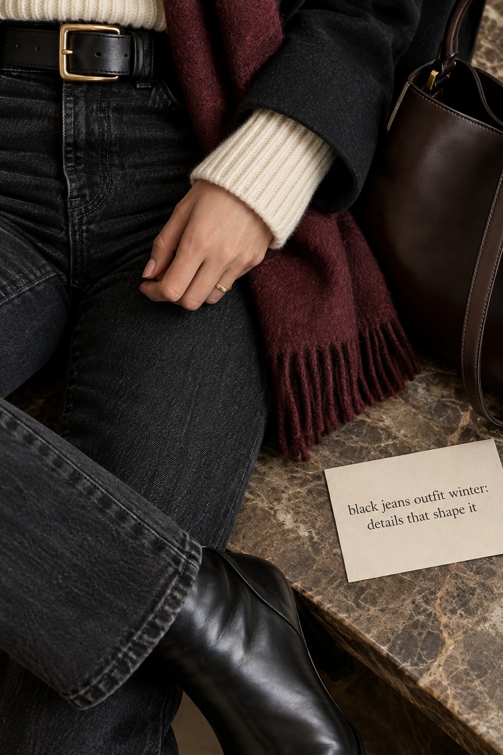 Black Jeans Detail Guide black jeans outfit winter close-up with belt knit scarf bag and boot